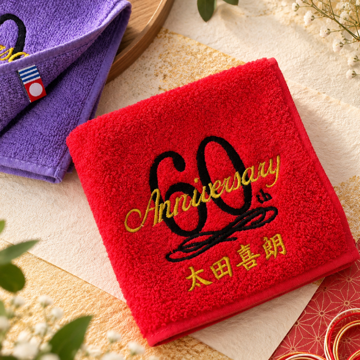【名入れ 刺繍】今治タオルハンカチ《長寿祝い》（今治 タオル セット ギフト プレゼント 長寿 還暦 古希 喜寿 傘寿 米寿 敬老の日 名前入り おしゃれ 無地 綿100% 日本製）