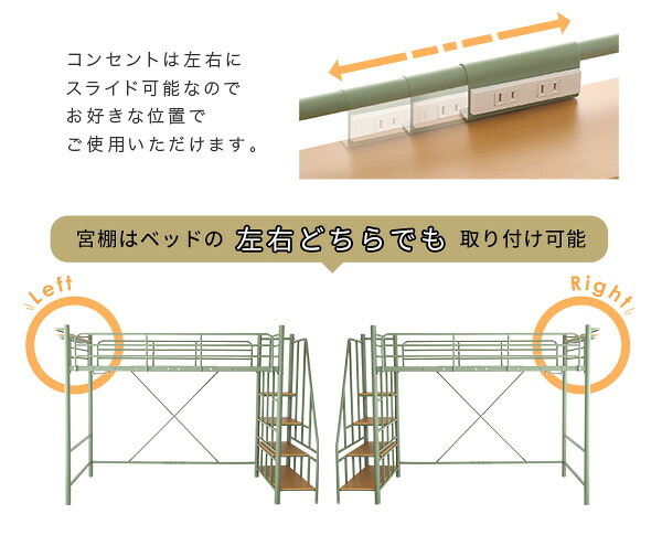 ベッド 寝具 シングル ロフト 階段付き 大人用 子供用 パイプ 子供部屋 宮棚 棚付き コンセント付き ベット 北欧 フレーム コンパクト おしゃれ ハイタイプ ミドルタイプ 下収納 パイプハンガー 一人暮らし ワンルーム