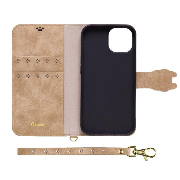 iPhone15 ケース 手帳型 iPhone14 13 兼用 猫柄 かわいい おしゃれ 手帳型ケース アイフォン スマホケース カード収納 スタンド機能 マグネット ストラップ付き ベージュ