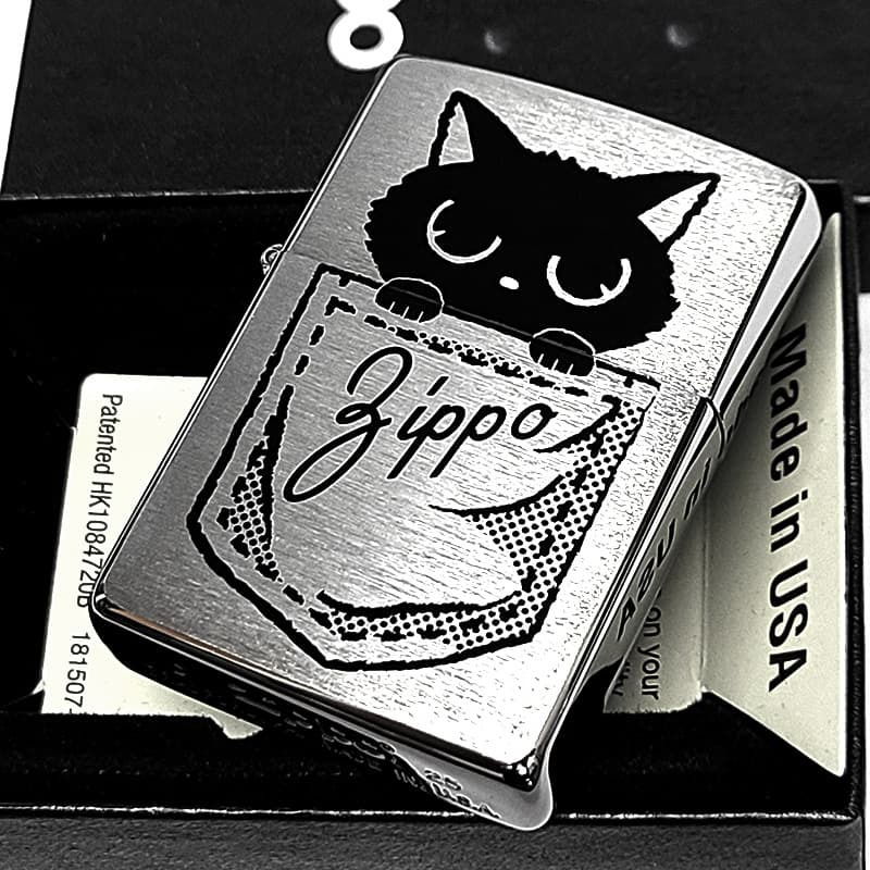 ZIPPO ライター ポケにゃん子 ネコ ジッポ かわいい シルバーサテン おしゃれ 黒猫 ギフト レディース プレゼント 女性