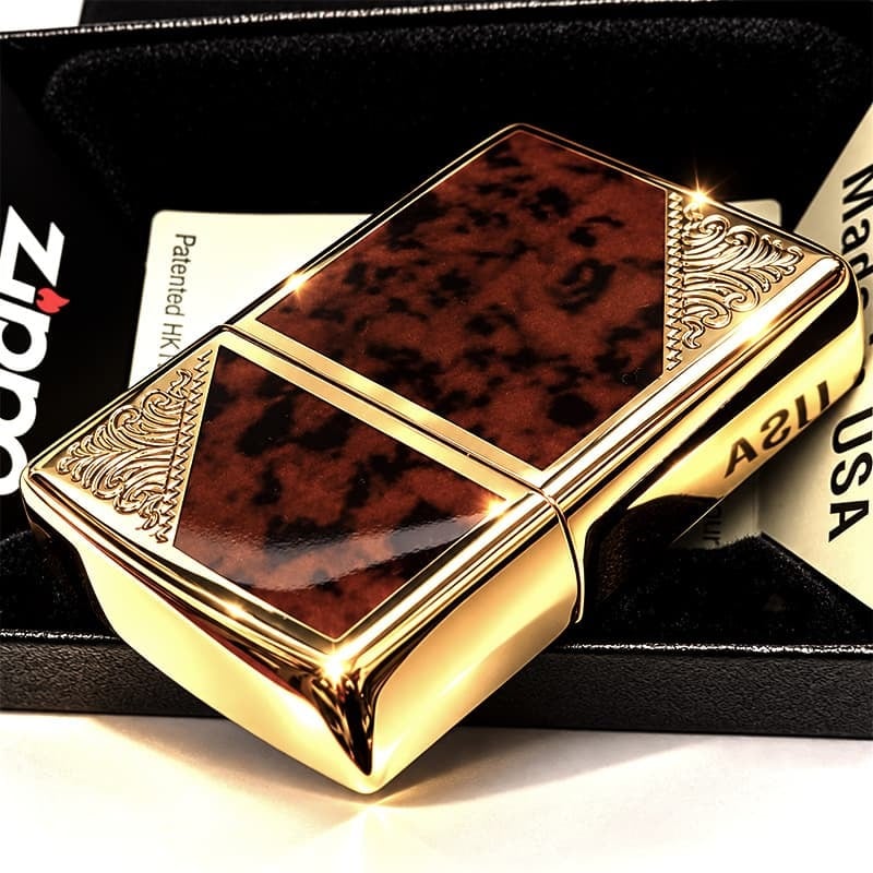 ZIPPO ライター ジッポ ゴールド＆ブラウン クラシック アラベスク 両面加工 マーブル柄 金タンク かっこいい ギフト メンズ プレゼント