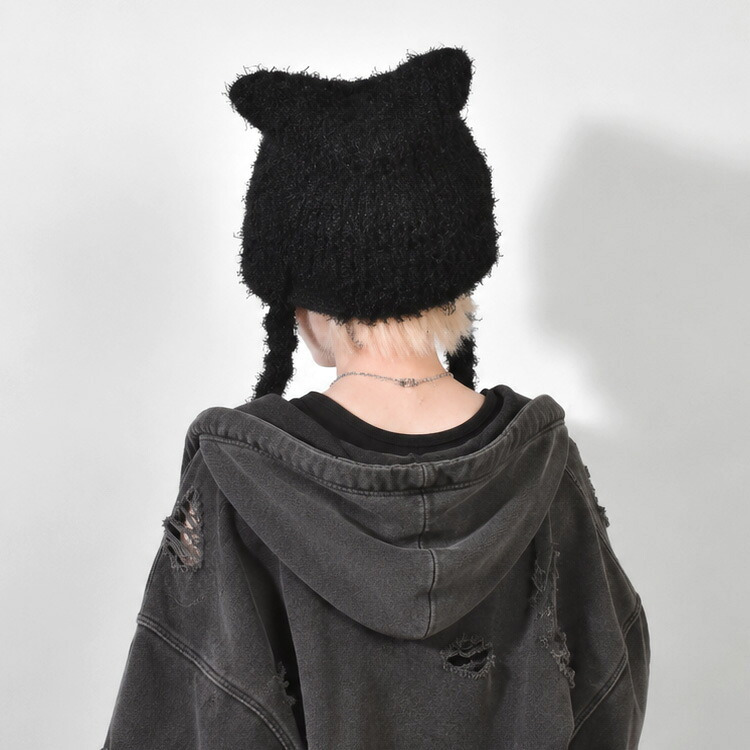 ニューエラ 猫耳 ニット帽 レディース NEWERA ブランド 正規品 15119592 ねこ耳 ネコ耳 スクエア ニットキャップ 三つ編み付きシャギー フラップ 大きめ 女性 女子 ブラック 黒 秋冬 ワンポイント おしゃれ かわいい シンプル ストリート 韓国ファッション サブカル ダンス