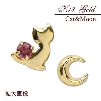 18金 ピアス 18k K18 猫 三日月 プチピアス スタッドピアス ピンク 