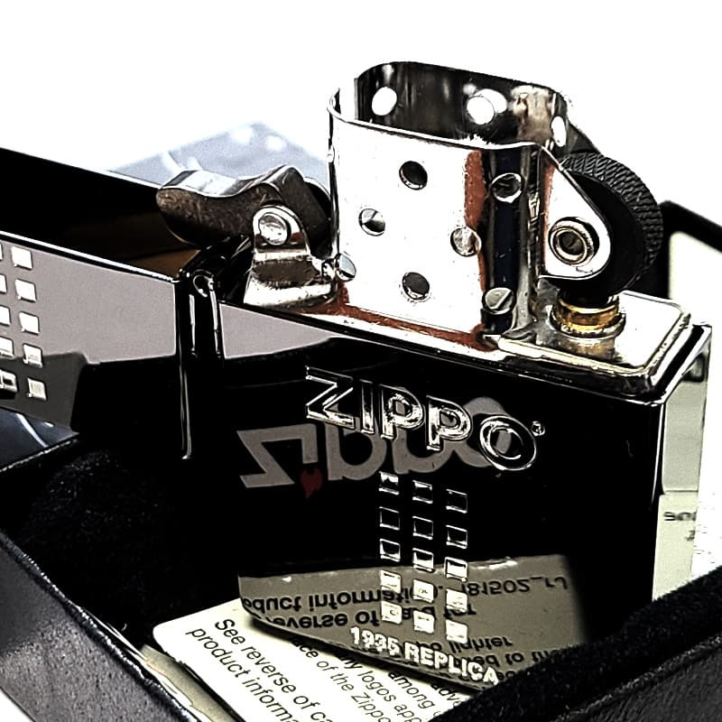 ZIPPO 1935 ジッポ ライター ロゴ ブラックニッケル 黒 角型 外ヒンジ 3バレル エッチング彫刻 銀差し シンプル かっこいい 高級 ギフト メンズ プレゼント