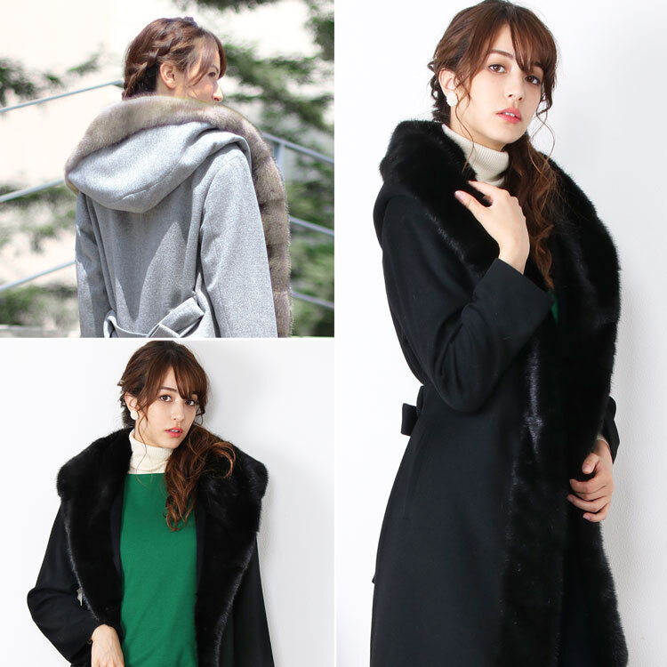 Filomo ミンク トリミング ロング コート カシミヤ ブレンド ウール レディース フード 付き 着丈120cm モカ/ライトグレー/ブラック M/L Aライン 秋 冬 ファー付き ベルト付き 卒業式 入学式 母 ギフト プレゼント 7F (02000200r)