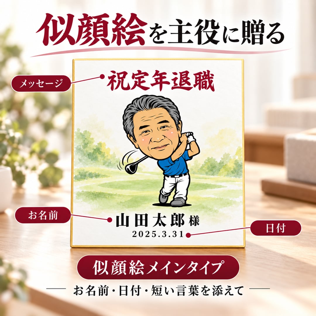 似顔絵 色紙 寄せ書き ゴルフ 写真から作る オーダーメイド 選べる2タイプ 2種類のゴルフポーズ 選べる3種類の似顔絵タッチ 名入れ 退職祝い 還暦祝い ホールインワン記念 送別会 上司 ゴルフ好き プレゼント ギフト