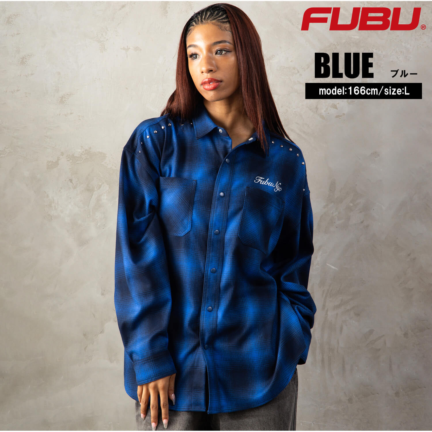 FUBU フブ チェックシャツ メンズ レディース fam-62100 スタッズ オンブレチェック ネルシャツ 長袖 シャツ スナップボタン 刺繍 オーバーサイズ ストリート ヒップホップ ダンス カジュアル M L XL XXL 2026FW Karlas