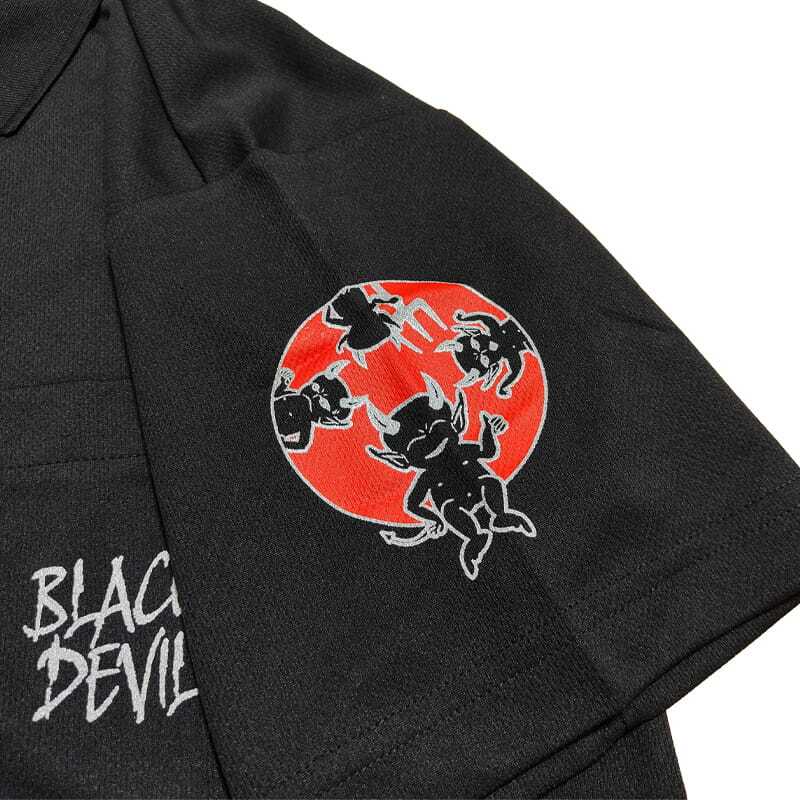 ブラックデビル ポロシャツ 半袖 服 Mサイズ BLACK DEVIL ロゴ メンズ レディース 男女兼用 ユニセックス おしゃれ 悪魔 キャラクター バックプリント タバコ ブランド たばこ 銘柄 黒 かっこいい ギフト プレゼント
