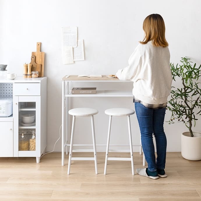 ダイニング家具 カウンターテーブル 2点セット ハイスツール2脚付き 幅100cm 奥行45cm 高さ90cm ダイニングテーブル バーテーブル カウンター 木目調 スチール脚 収納棚付き 省スペース 耐荷重設計 おしゃれ 北欧 モダン 一人暮らし