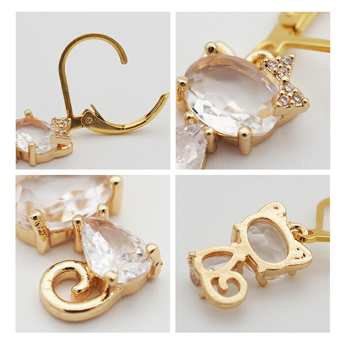 ピアス 金属アレルギー サージカルステンレス フック 落ちない 引っかからない 外れにくい フック 猫×ラインストーン ピアス カラビナ シンプル かわいい