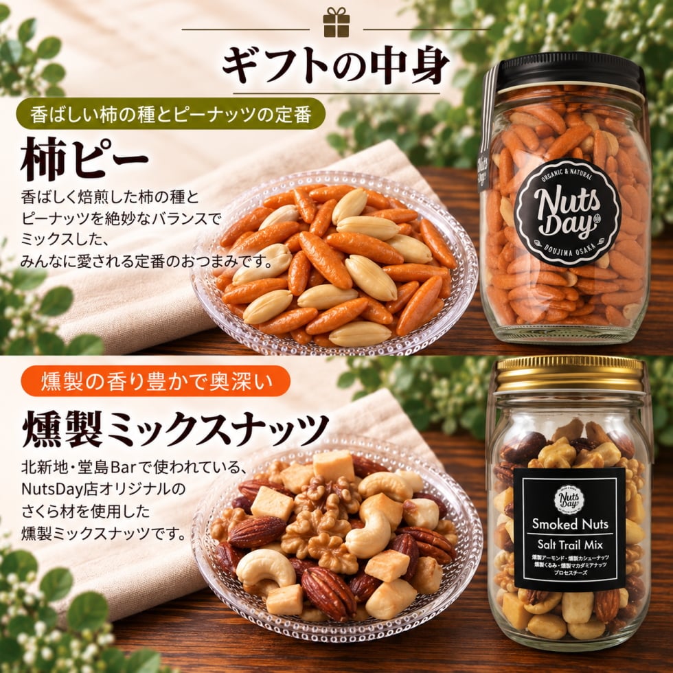 お歳暮 ギフト ナッツ お菓子 親 変わり種 おしゃれ 年配 送料無料 高級 ギフト 健康食品 御中元 プレゼント ナッツ ギフト おつまみ テレビで話題！ ギフト プレゼント スイーツ 焼き鱈チーズ入りのオリジナル5種燻製ミックスナッツと当店オリジナル柿の種ピーナッツのセット 北新地・百貨店でお土産に使われています　【堂島燻製ナッツ＆柿ピー中瓶セット
