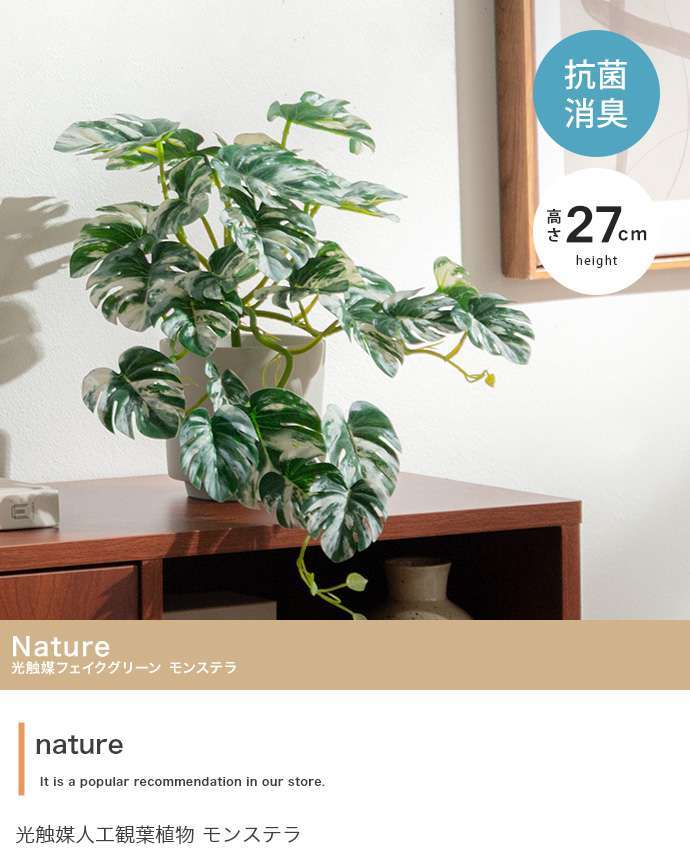【高さ27cm】光触媒人工観葉植物 モンステラ 幅35cm×奥行45cm×高さ27cm コンパクト 天然木 お部屋に気軽に飾れて空間を美しく彩るフェイクグリーン 本物の植物のようなリアルな質感とインテリアに馴染む風合いが魅力です