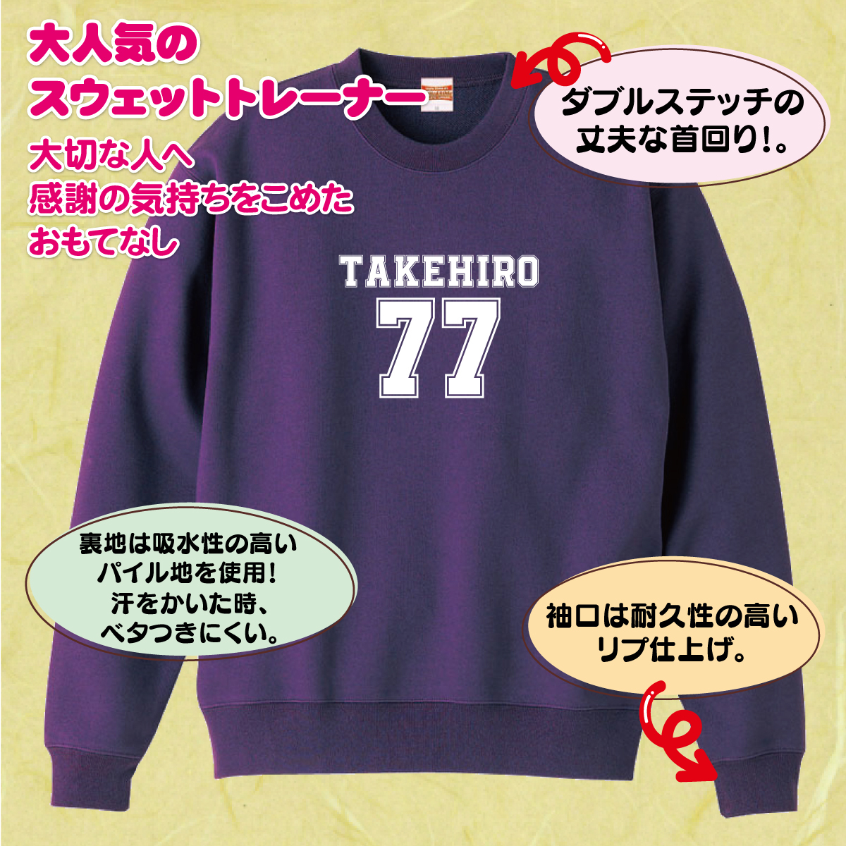 【名入れ】喜寿祝い トレーナー ＜デザインB・大＞ スウェット 長袖 服 還暦 プレゼント ギフト 男性 女性 メンズ レディース お祝い 77歳