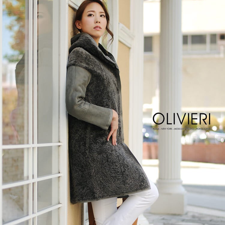 OLIVIERI/オリヴィエリ シェアード ムートン ロング コート ダブルフェイス フード付き イタリア製/レディース 毛皮 ファー ロングコート アウター 秋 冬 ギフト プレゼント 7F (01000692r)