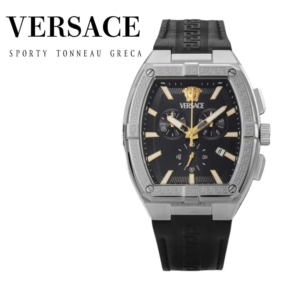 ヴェルサーチェ 腕時計 メンズ ブラック シルバー ゴールド クロノグラフ 44mm VERSACE SPORTY TONNEAU GRECA スポーティ トノー グレカ 黒 レザー 革ベルト スイス製 高級 ブランド プレゼント ギフト 卒業 入学 お祝い