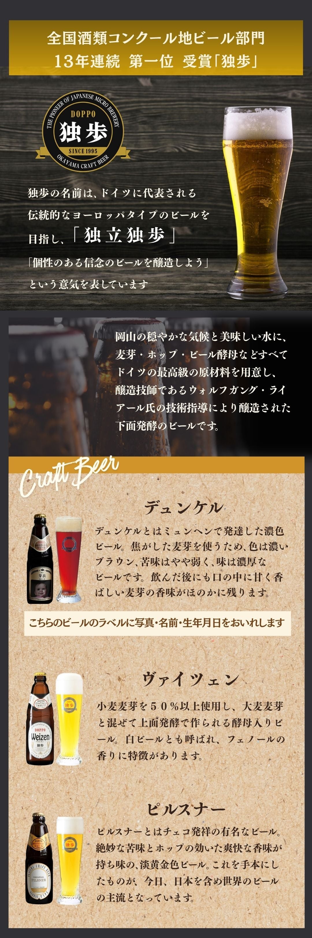al210写真名入れ 独歩 地ビール 5本セット (デュンケル1本+ヴァイツェン2本+ピルスナー2本) 宮下酒造 岡山県産 化粧箱入り (出産内祝 内祝 お祝い お中元 お歳暮 プレゼント)送料無料
