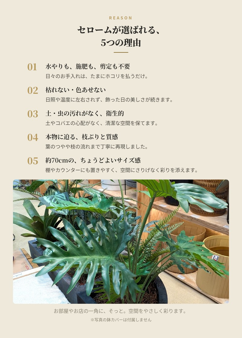 観葉植物 造花 セローム BROWN 全高約70cm 卓上・小型 フェイクグリーン 本物そっくり おしゃれ インテリア 人工観葉植物 アーティフィシャルグリーン オフィス 店舗 ホテル 開店祝い 室内 ミニ フィロデンドロン フェイク