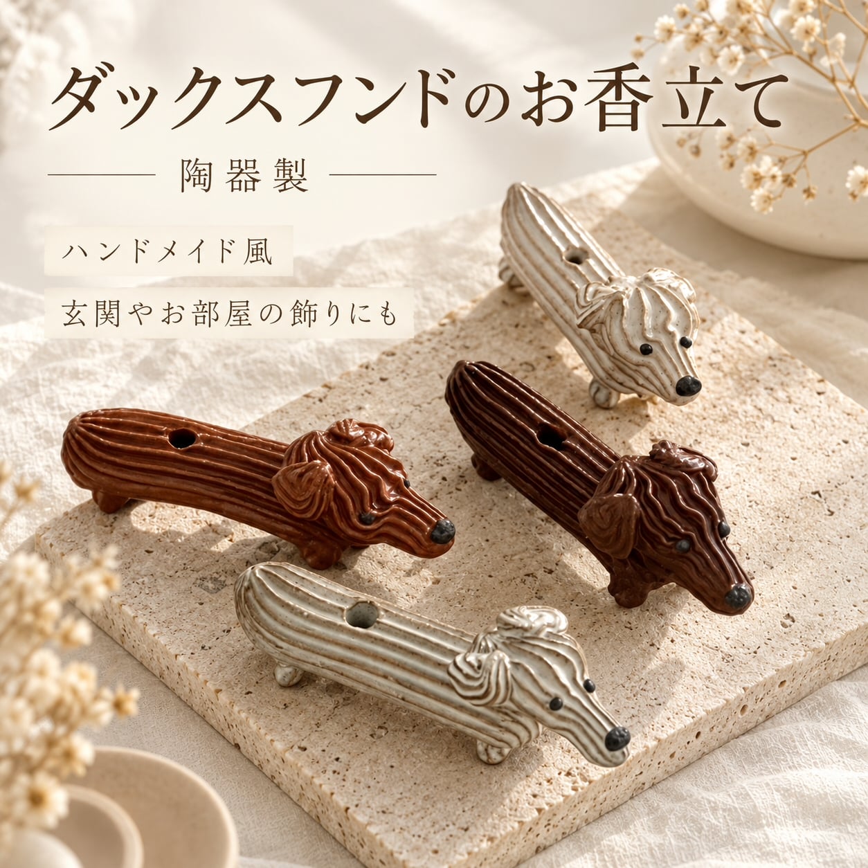 お香立て ダックスフンド 陶器製 ハンドメイド風 パフモチーフ 犬 置物 かわいい インセンスホルダー 香皿 アロマ雑貨 卓上 インテリア 玄関 リビング 寝室 飾り ギフト プレゼント