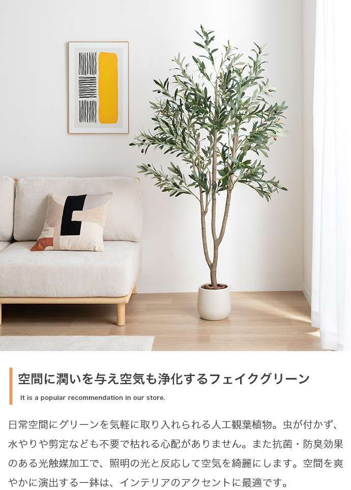 【高さ170cm】光触媒人工観葉植物 オリーブ 幅70cm×奥行60cm×高さ170cm オフィス 天然木 ポリエステル 組立品 お部屋に気軽に飾れて空間を美しく彩るフェイクグリーン 本物の植物のようなリアルな質感とインテリアに馴染む風合いが魅力です