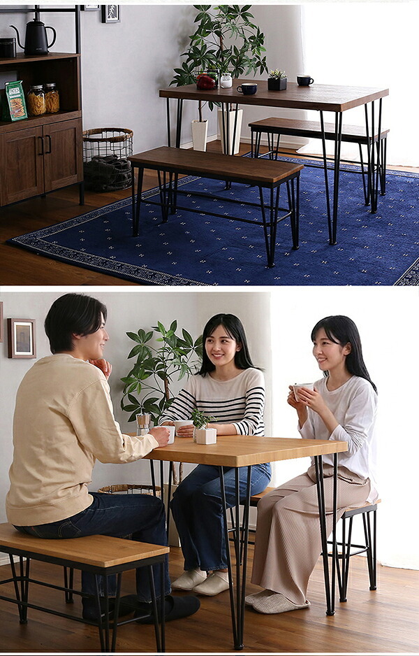 ダイニング家具 4人用 ダイニングテーブルセット ヴィンテージ風 カフェ風ダイニングテーブル 3点セット ダイニング3点セット ダイニングセット 4人掛け テーブル幅110cm 奥行56cm 高さ73cm ベンチ幅86cm 奥行30cm 座面高さ42cm