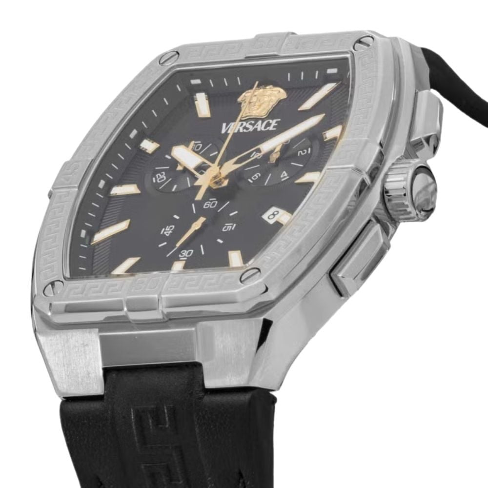 ヴェルサーチェ 腕時計 メンズ ブラック シルバー ゴールド クロノグラフ 44mm VERSACE SPORTY TONNEAU GRECA スポーティ トノー グレカ 黒 レザー 革ベルト スイス製 高級 ブランド プレゼント ギフト 卒業 入学 お祝い