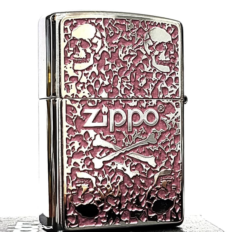 ZIPPO ライター スカル 細密メタル 両面加工 シルバー＆ピンク ジッポ ロゴ ドクロ 裏面柄違い 彫刻 ガイコツ おしゃれ かっこいい メンズ プレゼント ギフト
