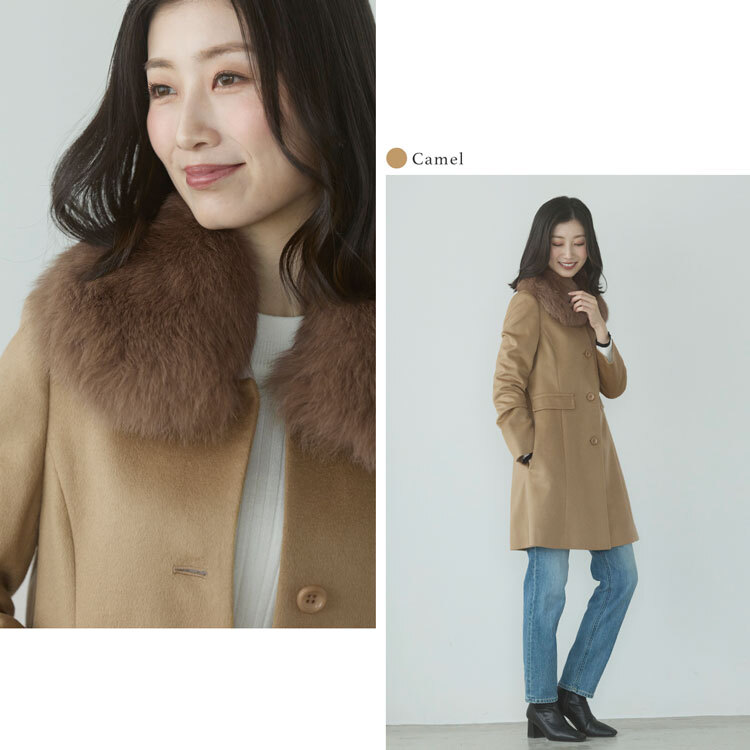カシミヤ コート レディース カシミヤ100% フォックス ファー 着丈85cm ミドル丈 ブラック 秋 冬 40代 50代 大人 カシミヤコート フォーマル 卒業式 母 ひざ丈 小さいサイズ 低身長 ギフト プレゼント 6F (02000070r)