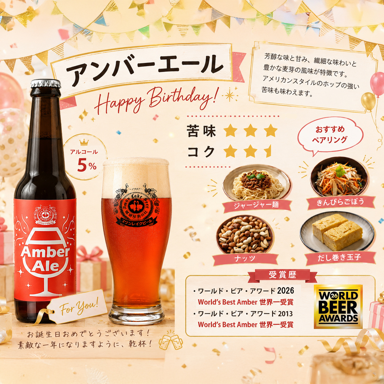 特選 ギフト 贈り物 プレゼント バースデーラベル使用  ビール クラフトビール 世界一 金賞受賞 3本 瓶 330ml  バースデーカード付き　飲み比べ 金賞受賞 スワンレイクビール 飲み比べ