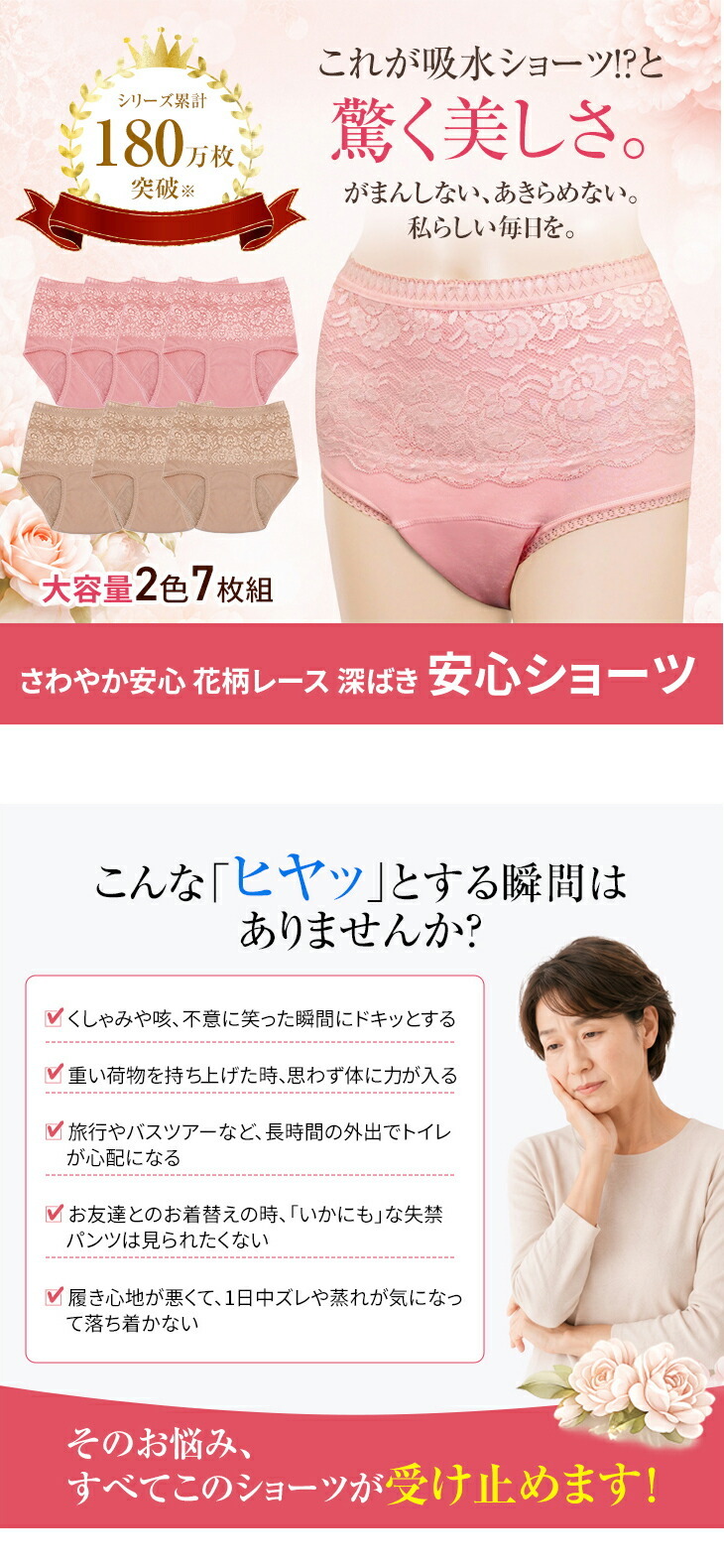 さわやか安心花柄レース深ばき安心ショーツ 2色7枚組 大吸収用 M～LL