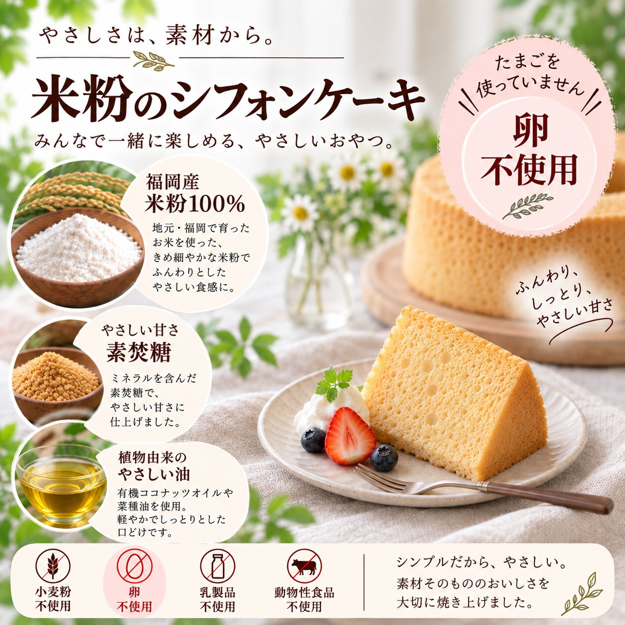 米粉で作ったシフォンケーキ 15cmホール（小麦粉・卵・乳製品・動物性食品不使用）ギフト