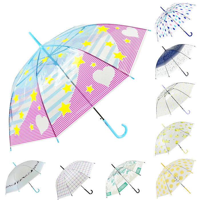 ビニール傘 オシャレ 通販 傘 透明 半透明 長傘 ジャンプ傘 雨傘 ジャンプ レディース 58cm 58センチ 通学 通勤 POE 大人 かわいい 柄 パターン 丈夫 グラスファイバー骨 レディース雨傘