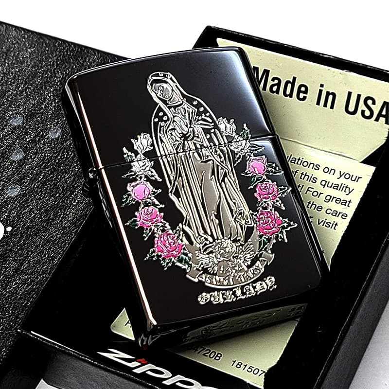 ZIPPO マリア＆ローズ ブラックニッケル ピンク ジッポー ライター 黒 エッチング彫刻 アベマリア おしゃれ バラ ギフト プレゼント Ave Maria 薔薇 メンズ レディース
