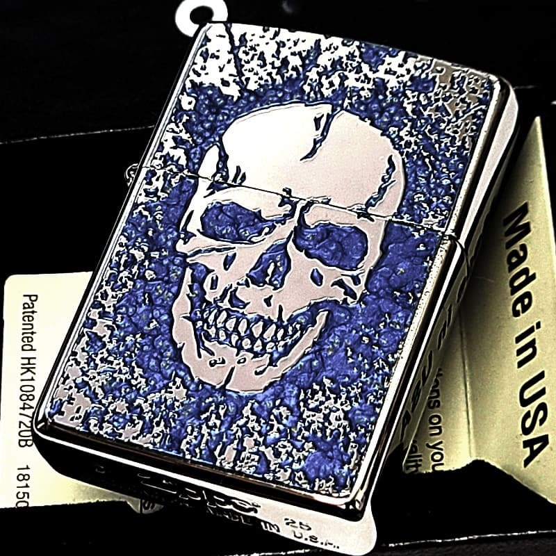 ZIPPO スカル 細密メタル シルバー＆ブルー ジッポ ライター 両面加工 彫刻 かっこいい ドクロ 裏面柄違い ガイコツ おしゃれ 青 メンズ プレゼント ギフト