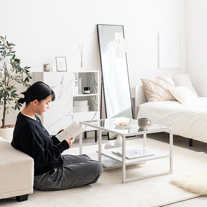 センターテーブル 幅80cm ガラス天板 ローテーブル リビングテーブル ノーイ 大理石調 ストーン柄 棚付き 収納 強化ガラス アイアン脚 モダン おしゃれ 北欧 一人暮らし ワンルーム ホワイト グレー 省スペース ローデスク 来客用 新生活 カフェ