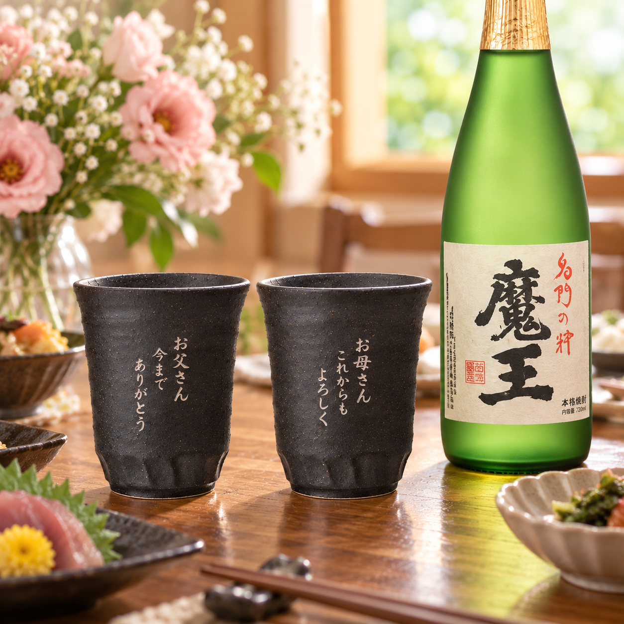 敬老の日 退職 名入れ ペアギフト SXX 酒セット 芋焼酎 魔王 720ml & 美濃焼 和みゴブレット 新ビスマルク 2点 コサージュ付 ギフトBOX入り / プレゼント ギフト 両親 夫婦 結婚 金婚式 銀婚式 退職 記念 誕生日 長寿 祝い