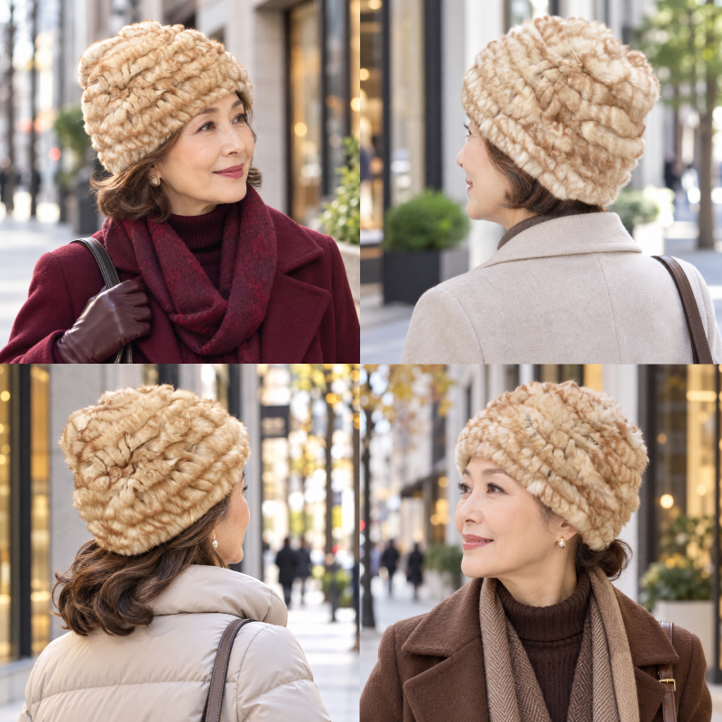 レッキスファー ニット帽 レディース 帽子 毛皮 本物 ラビットファー うさぎ 軽量 秋冬 ウール混 高級ファー 伸びる フリーサイズ 防寒 ベージュ プレセント ギフト 送料無料