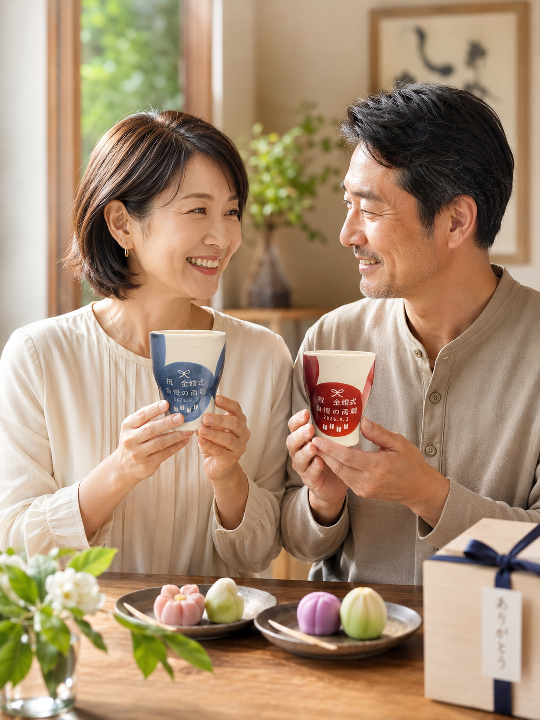 敬老の日 退職 名入れ ペアギフト SXX 波佐見焼 夫婦湯呑 円 MADOKA 赤 青 2点セット 木箱入り / プレゼント ギフト 両親 夫婦 結婚 金婚式 銀婚式 退職 記念 誕生日 長寿 祝い