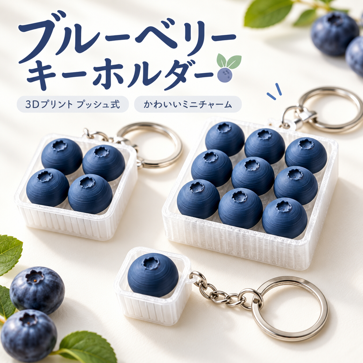 ブルーベリー キーホルダー 3Dプリント プッシュ式 指先おもちゃ ぽちぽち感触 気分転換 バッグチャーム フルーツモチーフ かわいい ミニチュア 雑貨 小物 ギフト プレゼント