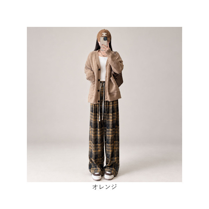 イージーパンツ レディース 通販 ワイドパンツ ワイドストレート ウエストゴム リラックスパンツ チェック柄 ワンマイルウェア ルームウェア ロングパンツ ストレートパンツ ゆったり 体型カバー 薄手 紐調節 秋冬 春秋 大人カジュアル レディースボトムス