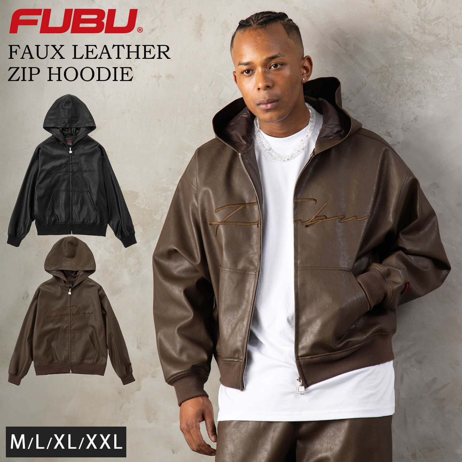 FUBU フブ レザージャケット メンズ レディース fam-62300 フェイクレザー ジップ フーディー パーカー ブルゾン 合皮 スクリプトロゴ 刺繍 ビッグシルエット ストリート ヒップホップ ダンス カジュアル M L XL XXL 2026FW Karlas