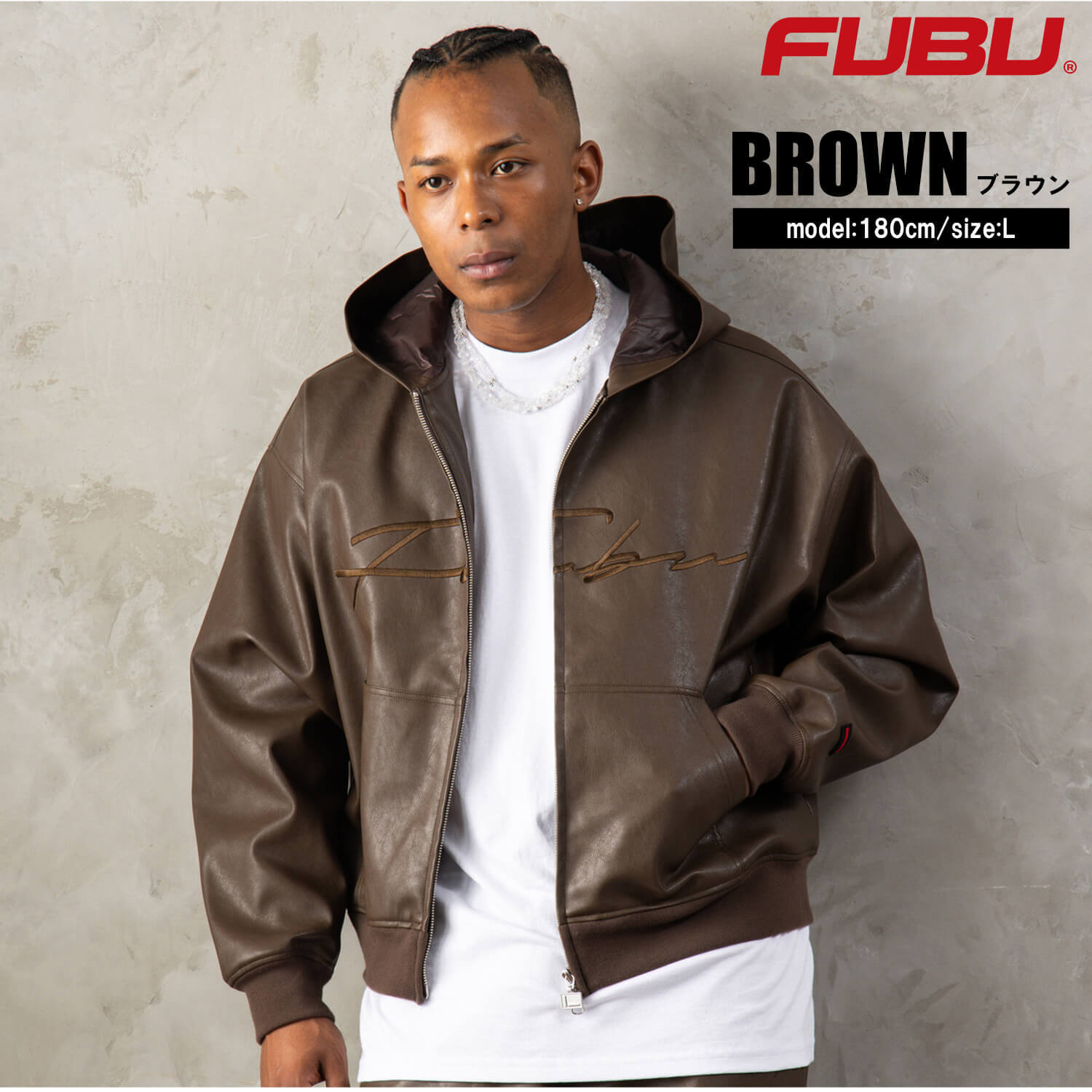 FUBU フブ レザージャケット メンズ レディース fam-62300 フェイクレザー ジップ フーディー パーカー ブルゾン 合皮 スクリプトロゴ 刺繍 ビッグシルエット ストリート ヒップホップ ダンス カジュアル M L XL XXL 2026FW Karlas