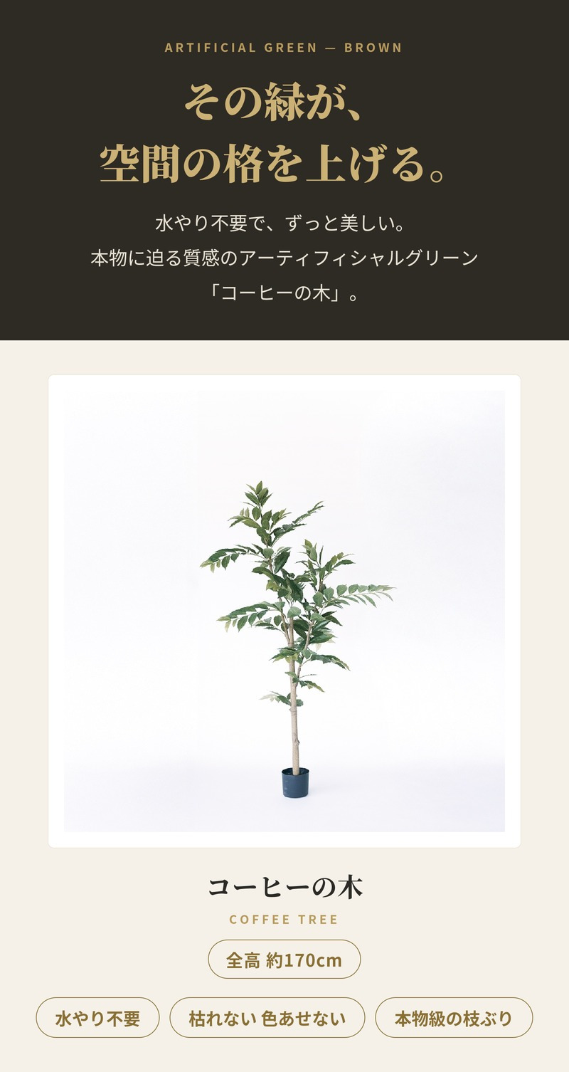 観葉植物 造花 コーヒーの木 BROWN 全高約170cm 大型 スリム フェイクグリーン 高級 本物そっくり リアル おしゃれ インテリア 人工観葉植物 アーティフィシャルグリーン カフェ オフィス 店舗 開店祝い 室内 リビング 玄関 寝室 風水 コーヒーノキ