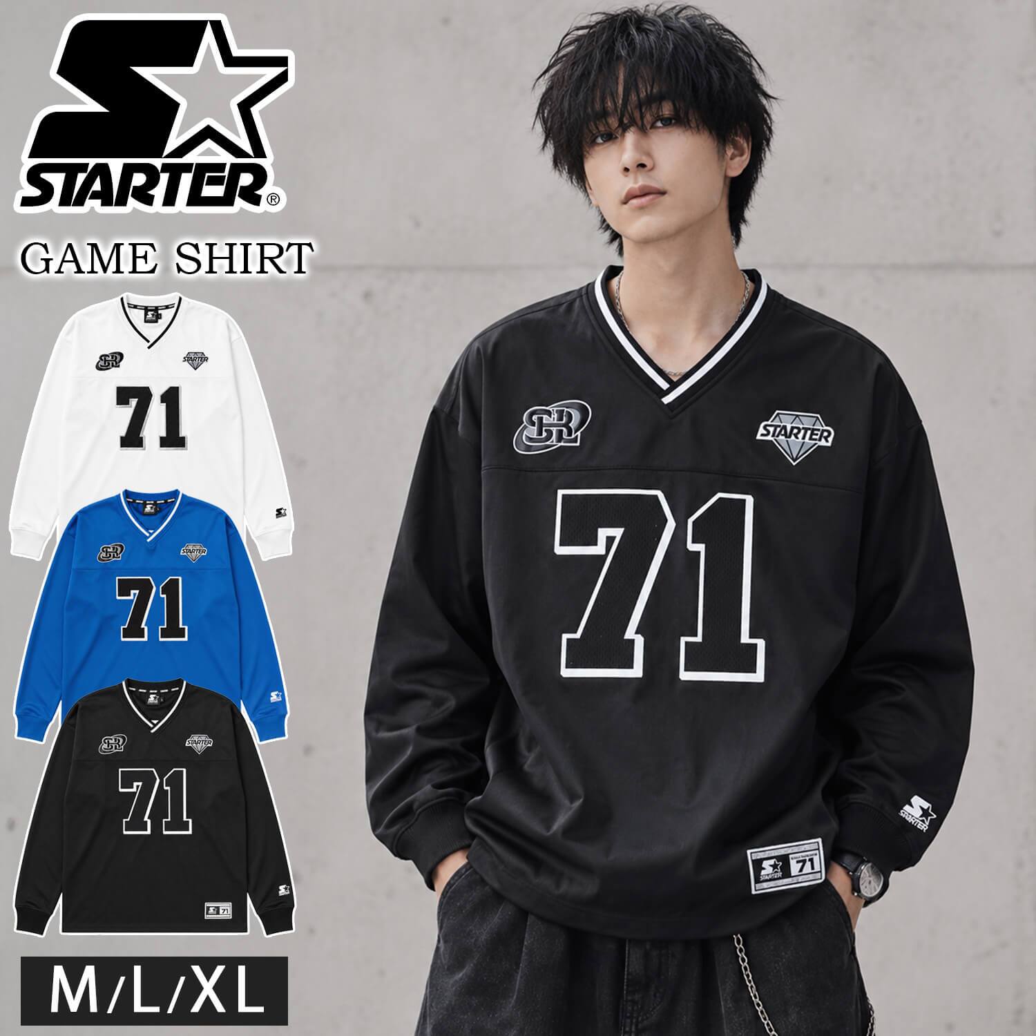 STARTER スターター ゲームシャツ メンズ レディース sbm-6260 長袖 Vネック ジャージ  ワッペン ロゴ 刺繍  オーバーサイズ ゆったり ストリート ヒップホップ ダンス M L XL 2026FW Karlas