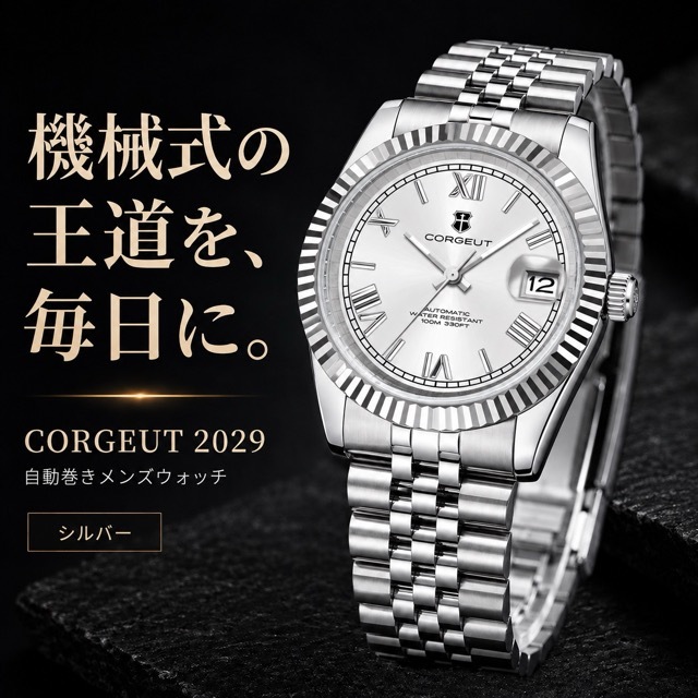 自動巻き腕時計 メンズ 40代 オマージュウォッチ 機械式 手巻き 36mm ローマ数字インデックス 日付 CORGEUT 2029