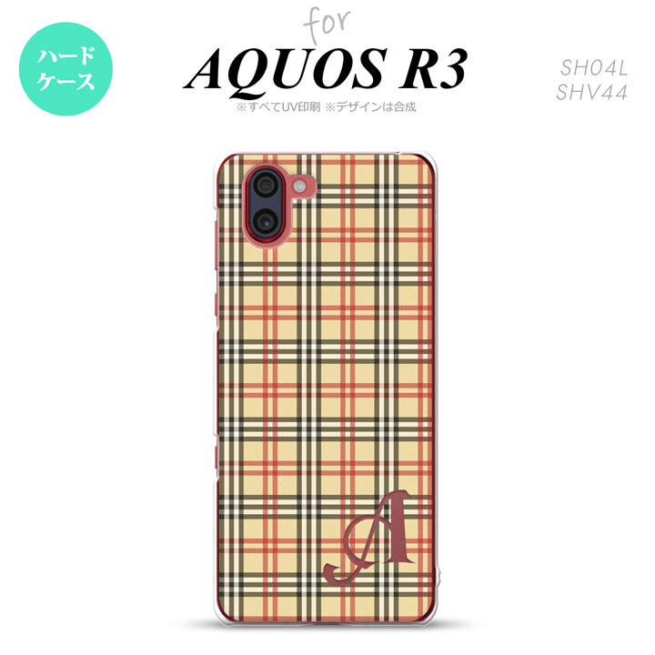 SH-04L SHV44 R3 AQUOS R3 スマホケース カバー チェック B ベージュ 赤 +アルファベット nk-r3-446i