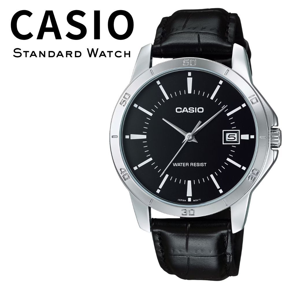 箱なし カシオ 腕時計 メンズ CASIO ブラック シルバー レザー 革ベルト 海外モデル 逆輸入 カレンダー 日付 薄型 シンプル ビジネス 仕事 通勤 就職祝い 誕生日 父の日 プレゼント ギフト 成人 卒業 入学