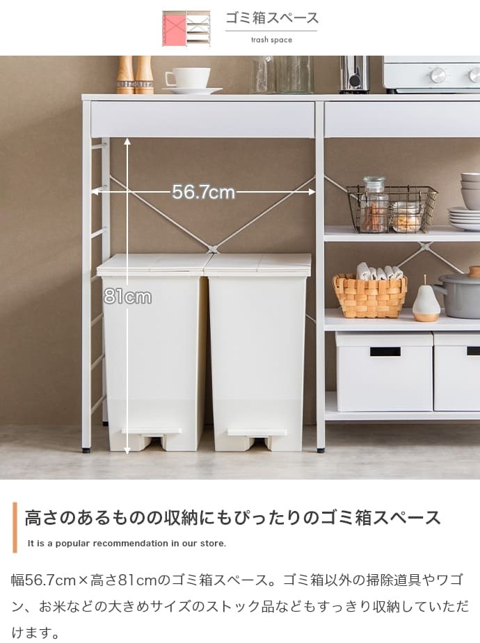 キッチンカウンター ゴミ箱収納 ゴミ箱上ラック レンジラック ダストボックス キッチンラック レンジ台 収納棚 おしゃれ 北欧 シンプル キッチン 収納 間仕切り 120cm幅 背面収納ありタイプ ：