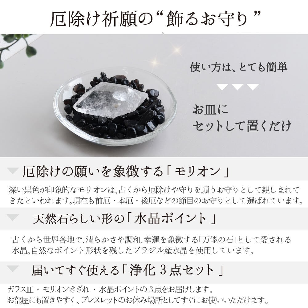 パワーストーン 浄化セット 厄除け 置物 最強の魔除け モリオン ポイント さざれ石 原石 ガラス皿 ブレスレットの浄化用 風水 玄関 部屋 厄払い 厄年 9月 誕生日 一人暮らし 引っ越し祝い プレゼント