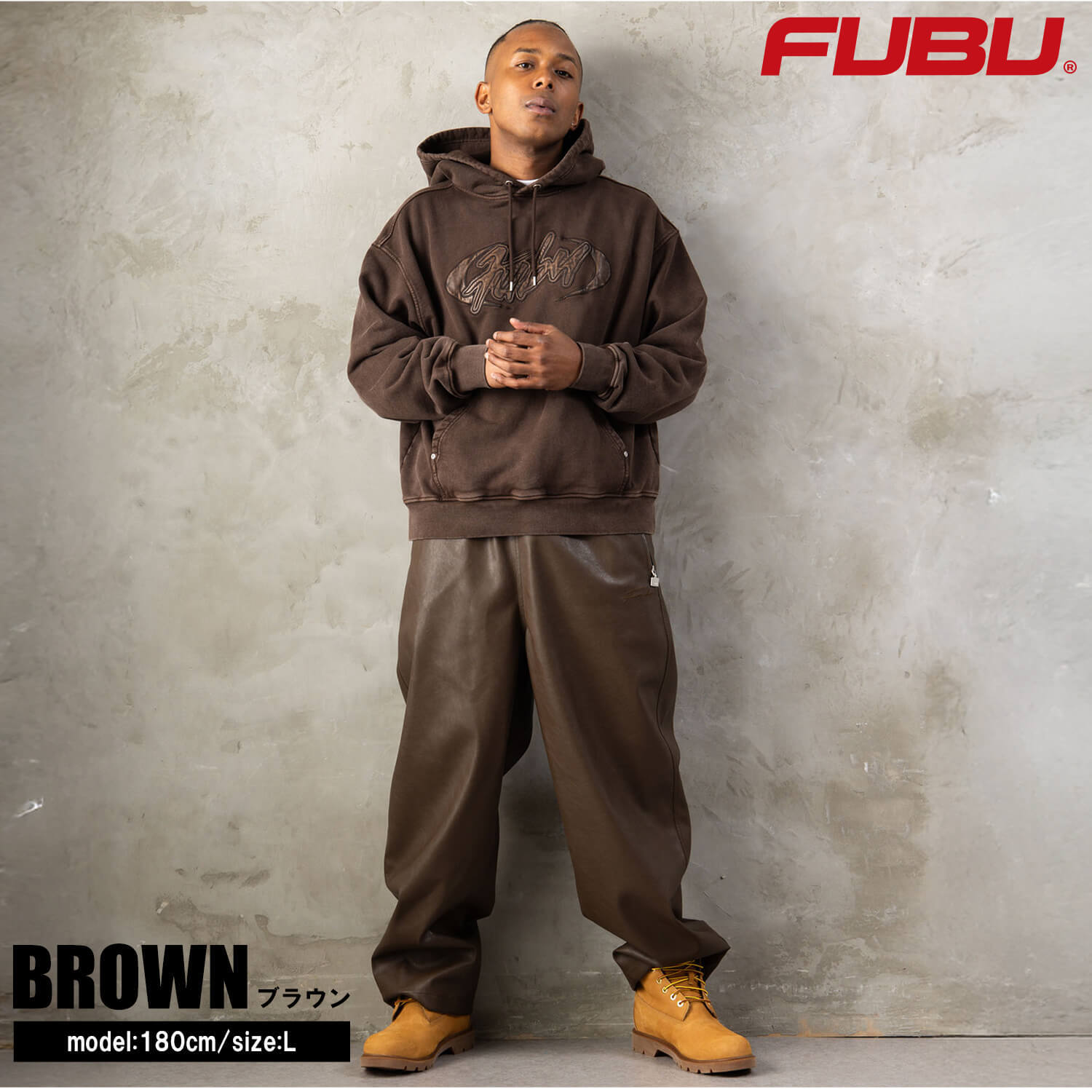 FUBU フブ パーカー メンズ レディース fam-62704 フェイクレザー パッチ フーディー プルオーバー スウェット ウォッシュ加工 ビッグシルエット ストリート ヒップホップ ダンス カジュアル トップス M L XL XXL 2026FW Karlas