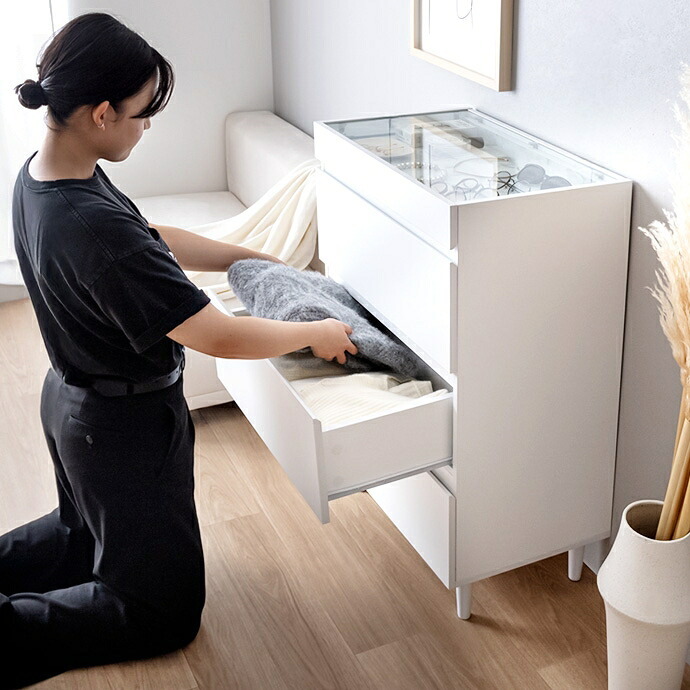 チェスト 3段 キャビネット ショーケース付き 収納棚 タンス アクセサリー収納 Panna パンナ ディスプレイ 収納 引き出し シンプル コンパクト 大容量 省スペース ガラス天板 飾れる 大理石柄 石目柄 幅60 かわいい
